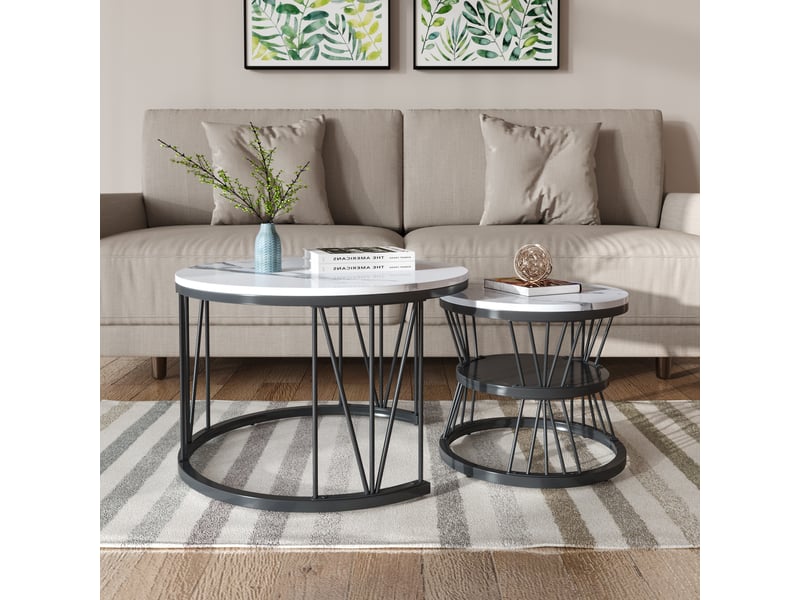  Lot de 2 tables basses rondes gigognes de salon 7045cm blanc et noir - design moderne avec support en v et étagère de rangement  - Conforama C