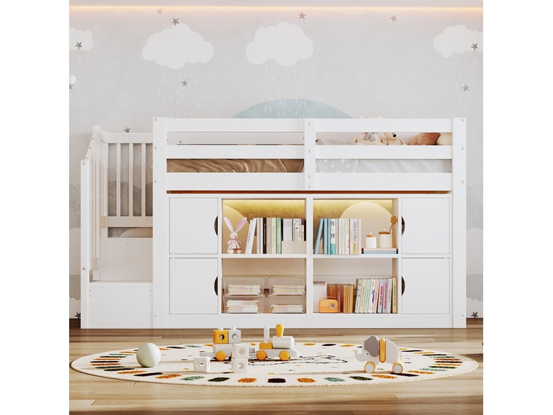 Lit mezzanine modenvie 90 x 200 cm avec rangements, escalier et éclairage led blanc  - Conforama D