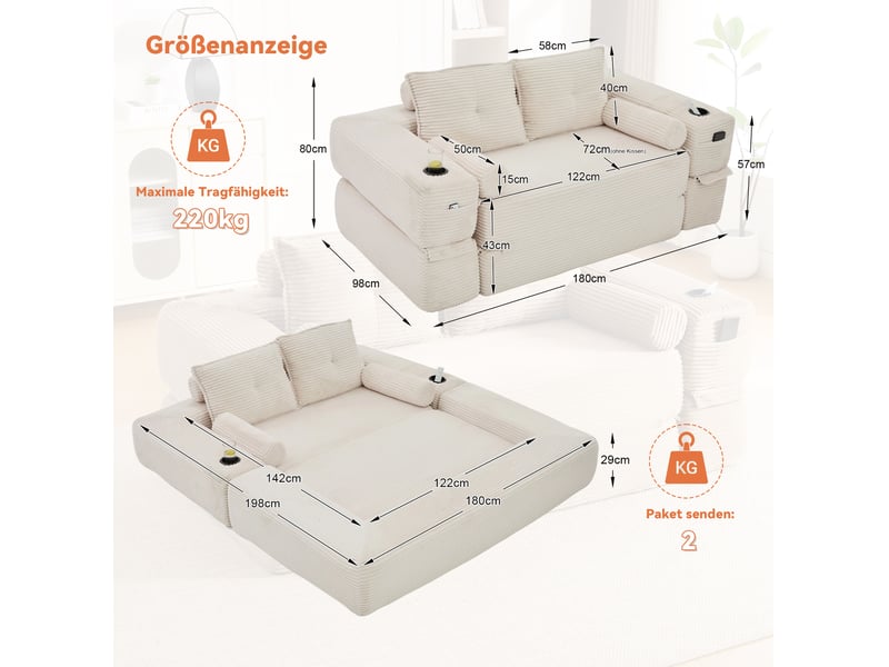  Canapé droit convertible 2 places en velours côtelé beige, avec poches latérales et porte-gobelets intégrés  - Conforama C