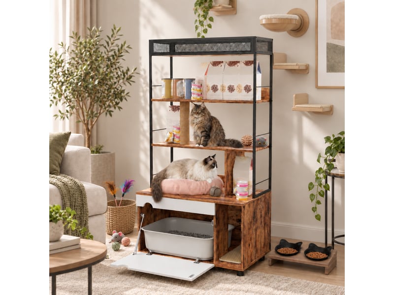 Meuble cache-litière 2-en-1 80x48x152 cm,avec étagère 3 niveaux, poteau à griffer et porte rabattable, brun rustique - Conforama B
