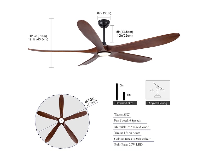  Ventilateur de plafond ultrafin 176 cm led dimmable, 5 pales bois noyer foncé  - Conforama C