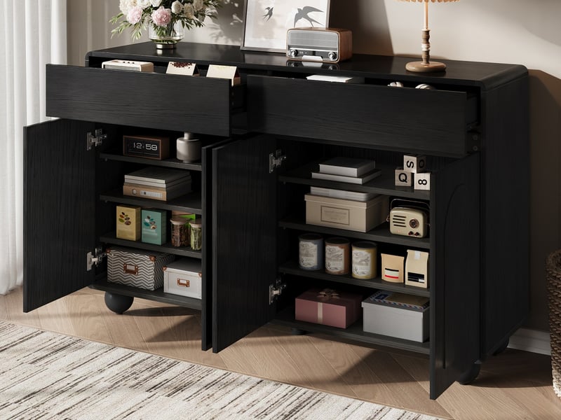 Buffet de salon à portes incurvées, meuble de rangement moderne en aggloméré et mdf, pieds ronds en métal, noir  - Conforama B