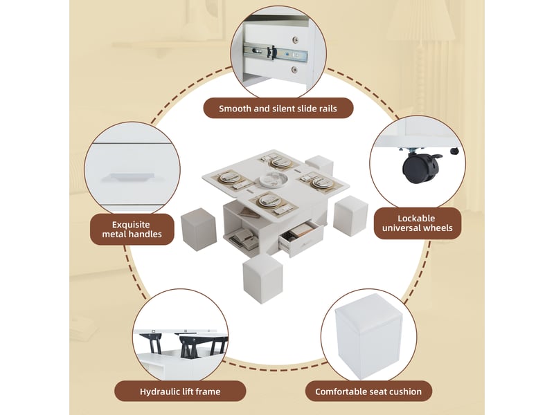  Table basse relevable et extensible blanche avec 4 poufs 100x50cm  - Conforama R