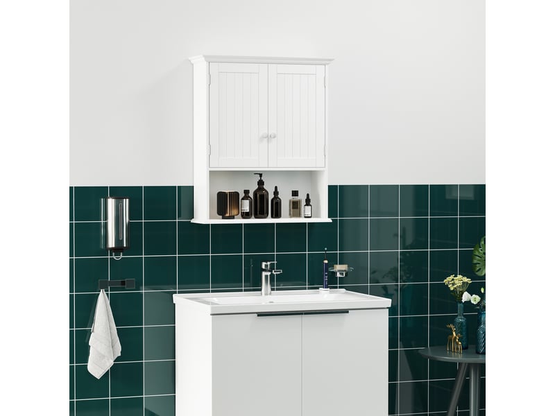  Armoire murale salle de bain 60 x 20 x 70,5 cm, 2 portes, étagère intérieure réglable, compartiment ouvert, meuble suspendu  - Conforama D