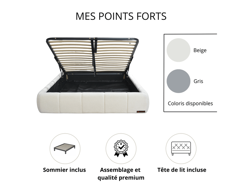  Ensemble lit coffre aneto et matelas nirvana 160x200 cm - tissu chenille gris - mémoire de forme PREMIUM - Conforama C