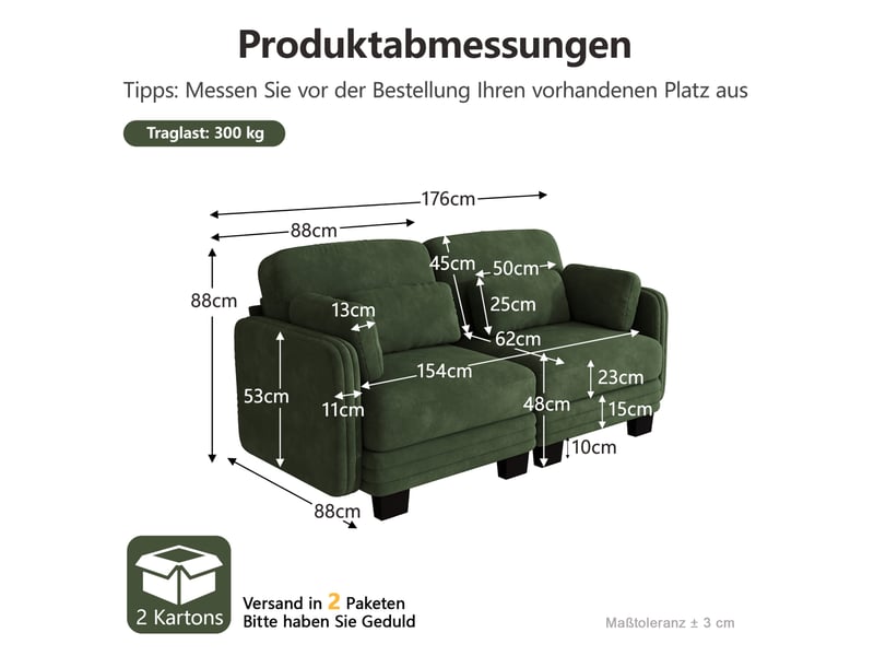  Canapé modulable 2 places 176x88x88 cm, coussins lombaires et accoudoirs, structure bois, chenille vert  - Conforama C