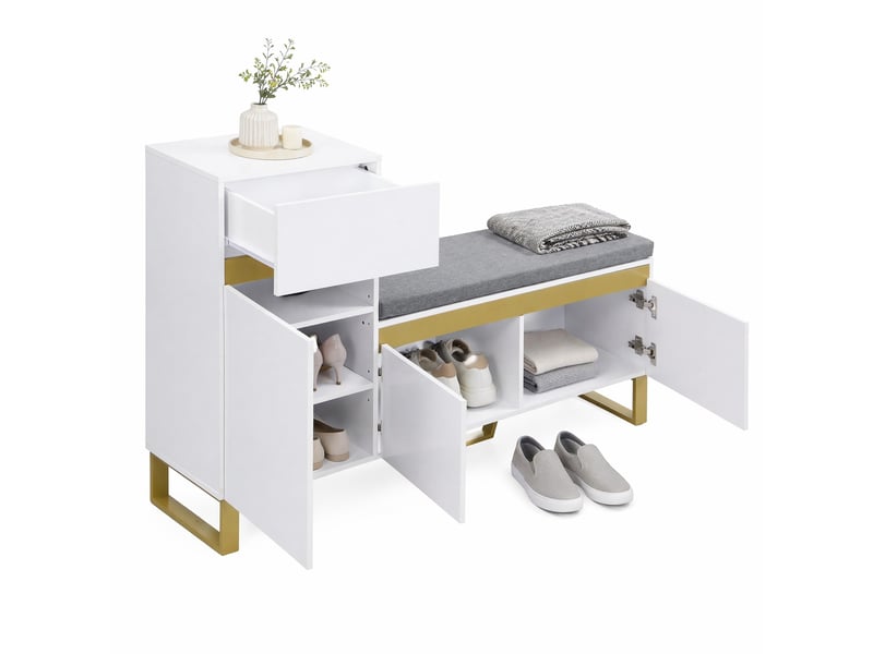  Meuble à chaussures 120x35x85 cm blanc avec banc, tiroir et rangements  - Conforama A