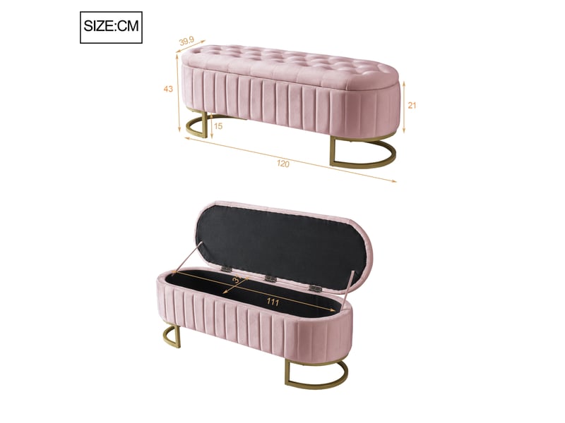  Banquette coffre 120x39,9x43 cm, rangement, repose-pieds, banc de lit, salon et chambre, pieds métal, velours, rose  - Conforama C