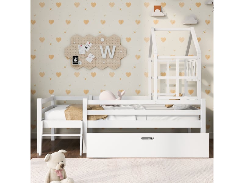  Lit 90x200cm, lit enfant avec échelle et tiroir, pin + mdf, protection, blanc, sans matelas  - Conforama B