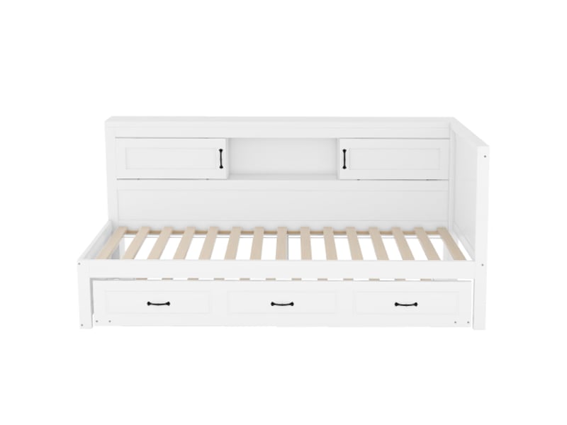  Lit gigogne 90x200 cm, avec rangement push-pull et led, en bois, blanc, sans matelas  - Conforama E