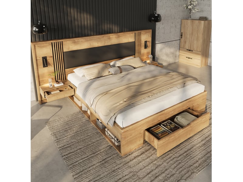  Lit double adulte 160x200 cm avec rangement, lampe de lecture, 2 chevets et 1 tiroir, mdf, couleur naturel sans matelas  - Conforama W