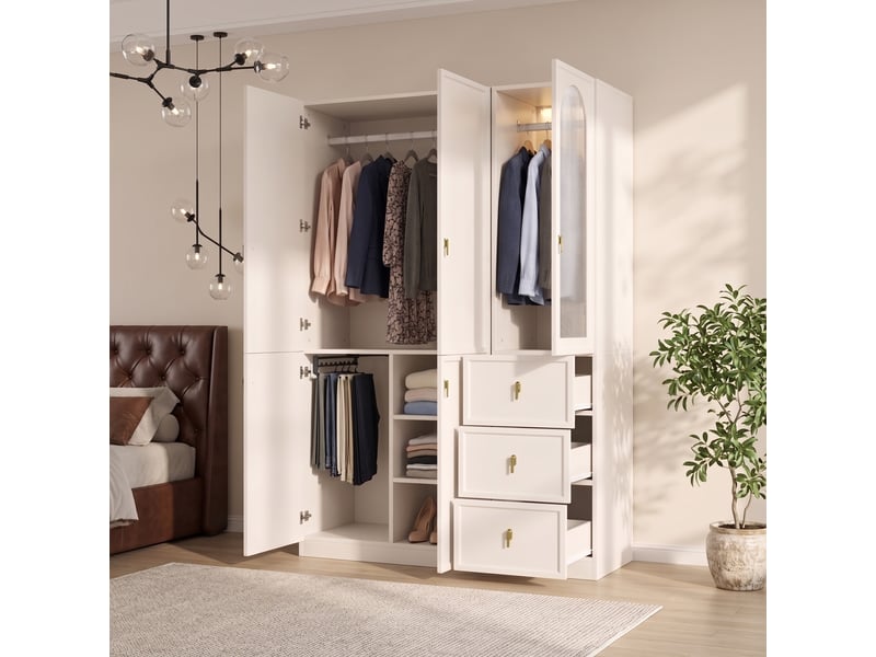Armoire dressing 135x48x200 cm avec led, 5 portes, 2 penderies, porte-pantalons coulissant, 3 tiroirs, verre cannelé, poignées dorées, mdf blanc - Conforama D