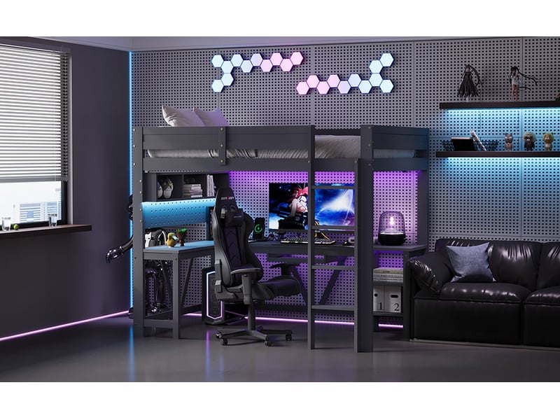 Lit superposé mezzanine 90x200 cm gris mdf et pin avec bureau rangements éclairage led et station de charge Sol Morn - Conforama D