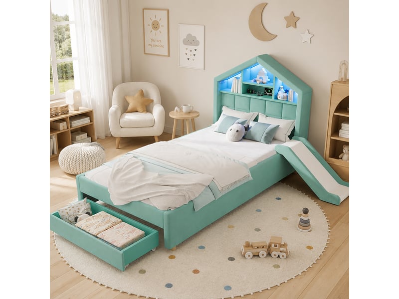  Lit cabane enfant 90x200 cm en velours bleu-vert avec toboggan, led, prise de recharge, tête de lit étagère et coffre chicfurn  - Conforama B