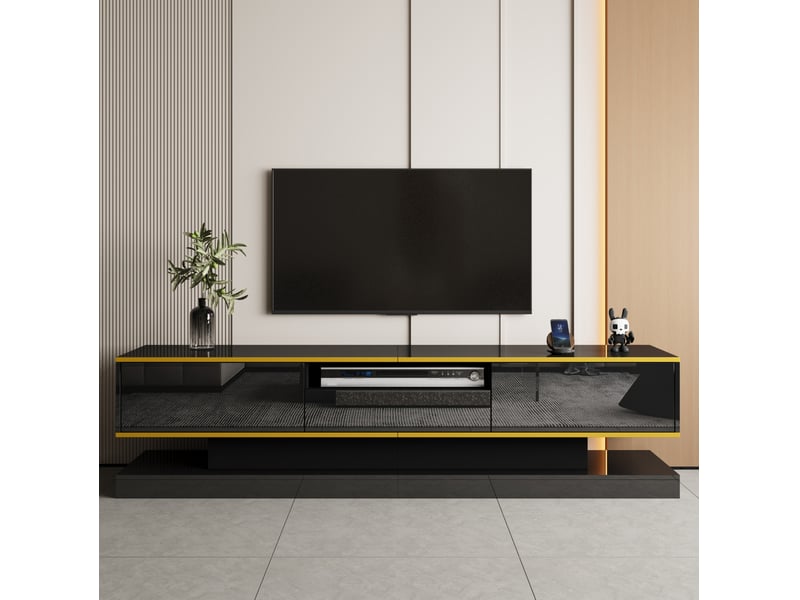  Meuble tv moderne 180 x 38 x 45 cm – noir et doré – 3 tiroirs, niche ouverte et led multicolore  - Conforama B