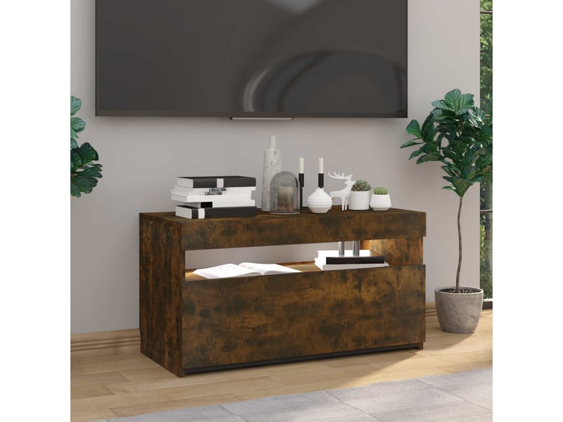  Meuble tv - banc tv - meuble de rangement avec lumières led chêne fumé 75x35x40 cm  - Conforama D