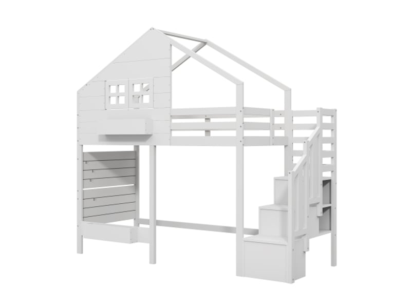  Lit mezzanine 90x200 cm bois massif blanc - barrière de sécurité, escalier de rangement et fenêtre intégrée  - Conforama E