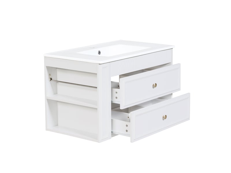  Meuble sous-vasque suspendu avec vasque céramique et 2 tiroirs blanc 81 cm  - Conforama B