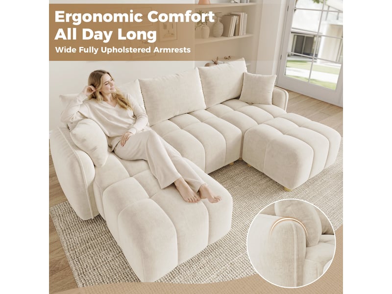 Canapé d'angle modulable 5 places en lu avec 2 poufs, canapé nuage en tissu chenille, larges accoudoirs, beige - Conforama E