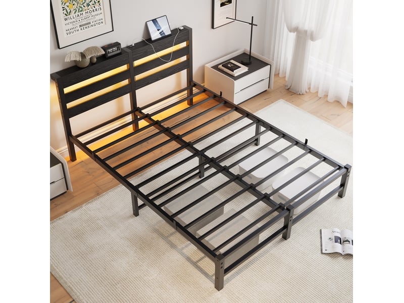  Cadre de lit, lit double 140x190 cm, rangement intégré, led, usb, sans matelas, métal et bois noir  - Conforama R