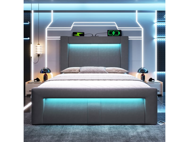  Lit coffre enfant 90x200 cm avec rangement hydraulique, led pilotable, ports usb et type-c, velours, gris, sans matelas  - Conforama B