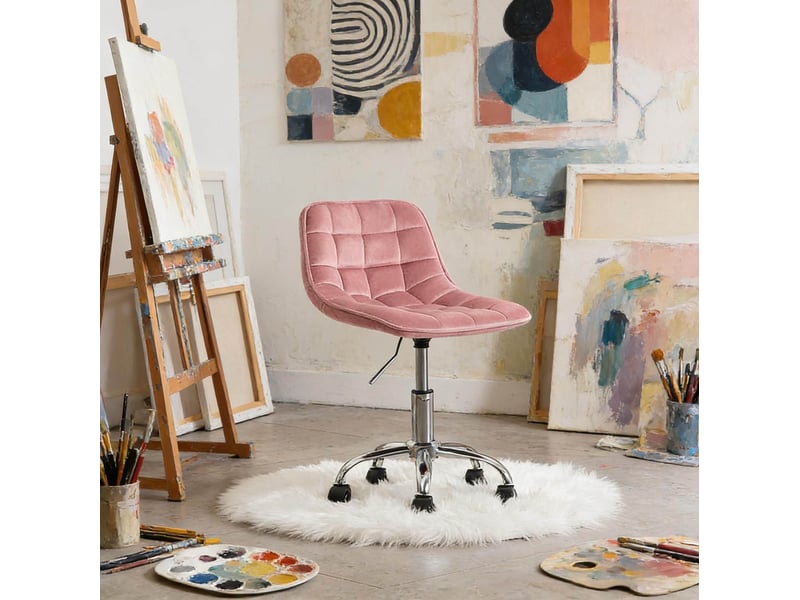  Tabouret de bureau rose en velours, réglable et pivotant à 360°, avec roulettes pour votre espace de travail  - Conforama E