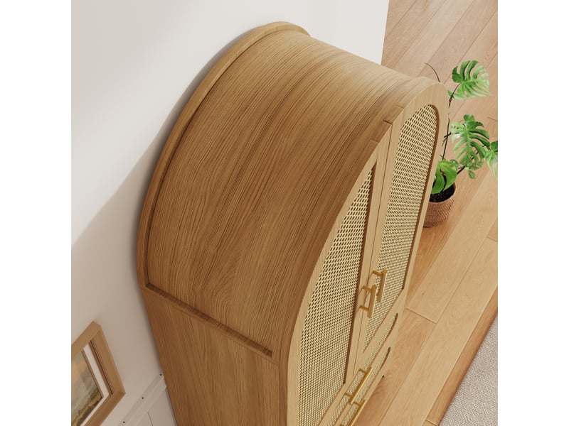 Lot de 2 armoires de cuisine hautes en rotin 160 x 40 x 175 cm, 4 portes et 4 tiroirs, style bohème vintage, bois clair - Conforama D