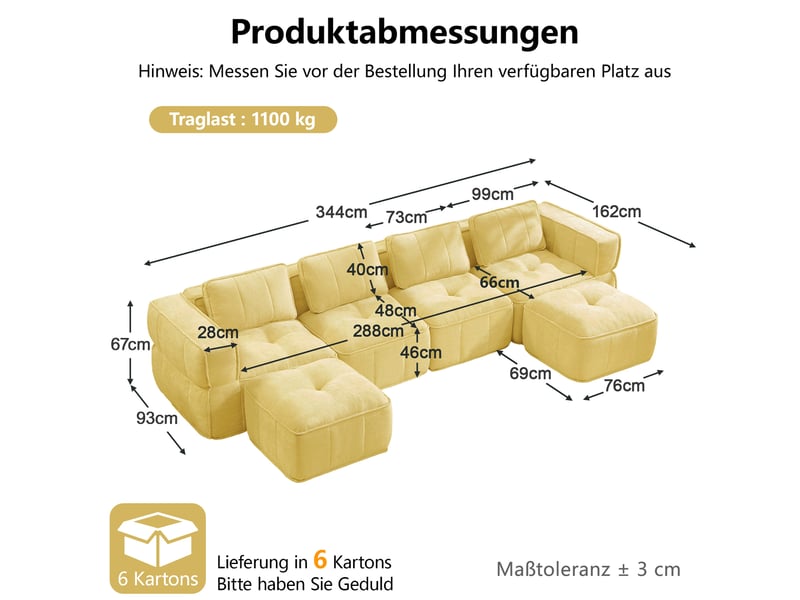  Canapé modulable en u 4 places avec 2 poufs, en polyester jaune  - Conforama C