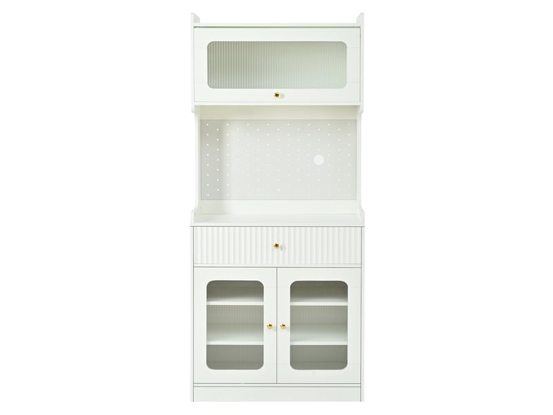  Buffet haut cuisine blanc 180 cm, armoire de cuisine avec led, portes en verre nervuré et tiroirs  - Conforama W