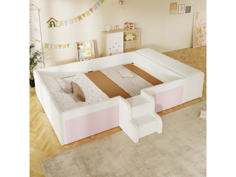  Lit banquette rembourré 140x190 cm en velours avec marches et rangement - blanc Morn Vibe - Conforama B