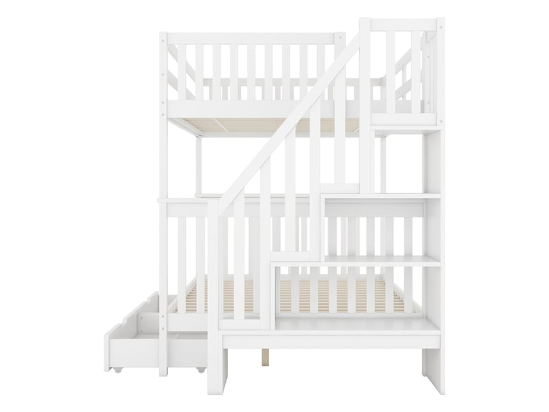Lit superposé enfant 200×140 cm avec escalier de rangement, 2 tiroirs et barrières hautes, en pin et mdf blanc - Conforama E