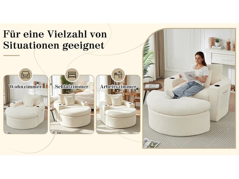  Fauteuil lounge modulable 1 place – beige – pouf amovible, poches latérales et porte-gobelets intégrés  - Conforama C