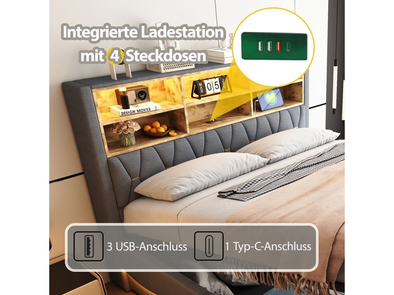  Lit coffre 180x200cm led app &amp; usb - lit rembourré - lin gris, tête de lit avec étagères de rangement, cadre en métal  - Conforama D