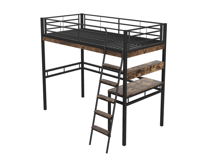 Lit mezzanine avec bureau, étagères, garde-corps et échelle, métal noir, 90x200 cm - Conforama D