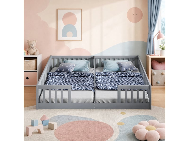  Lit enfant pour deux 90 x 200 cm, barrières de sécurité, sommiers à lattes, gris  - Conforama B