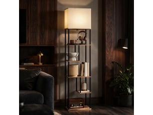 Lampadaire étagère dimmable avec télécommande 5 niveaux bois rustique métal ampoule led cct e27