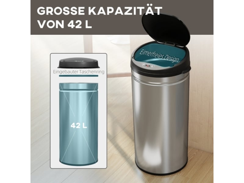 Poubelle à capteur 42 l en inox, sans contact, fermeture douce, pour cuisine hygiénique - Conforama D