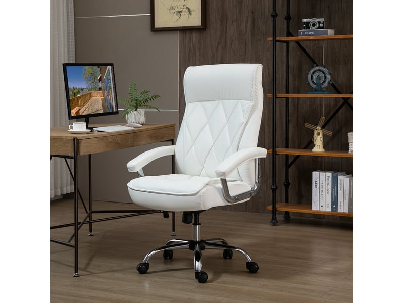  Chaise de bureau ergonomique, réglable en hauteur, pivotante et à bascule, motif losanges, similicuir, chaise de direction rembourrée, blanche  - Conforama D