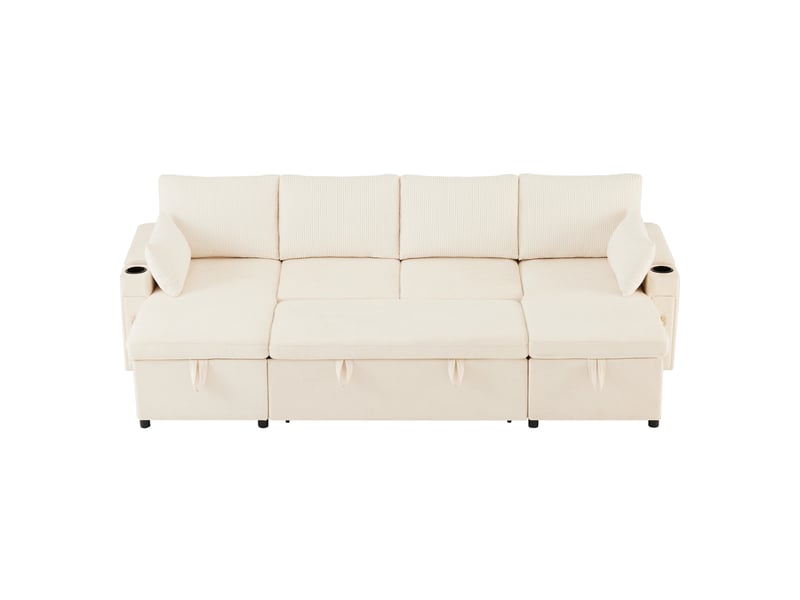  Canapé-lit u lora beige 4 places avec rangement, porte-gobelets, coussins et fonction couchage multifonctionnelle  - Conforama A