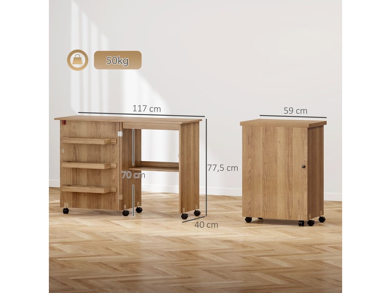  Table de couture pliable sur roulettes - table à rabat - 4 étagères - effet bois chêne moyen  - Conforama C