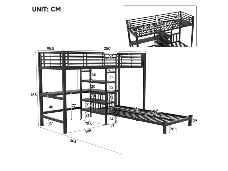  Lit mezzanine 90x200 cm avec bureau et rangements en métal et mdf noir  - Conforama E