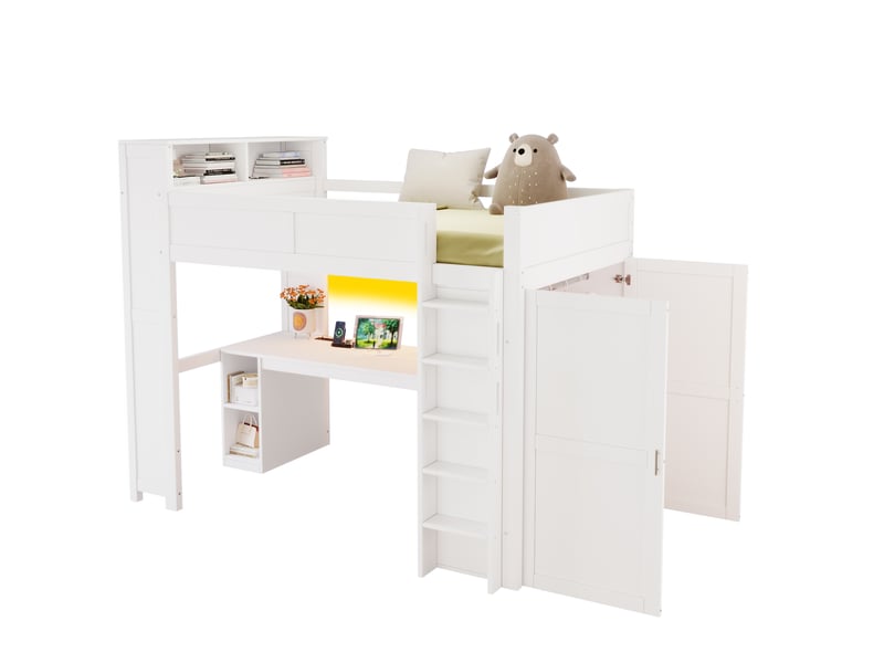 Lit mezzanine enfant 90x200 cm – blanc – bureau, armoire, rangements, usb et éclairage led – sans matelas - Conforama A