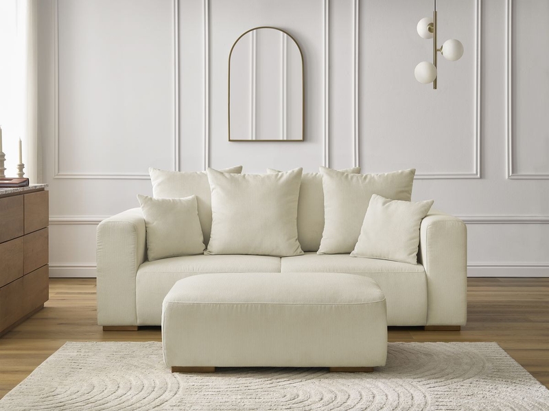  Bobochic canapé droit fixe 2 places sidonie velours côtelé avec pouf beige SIDONIE - Conforama D