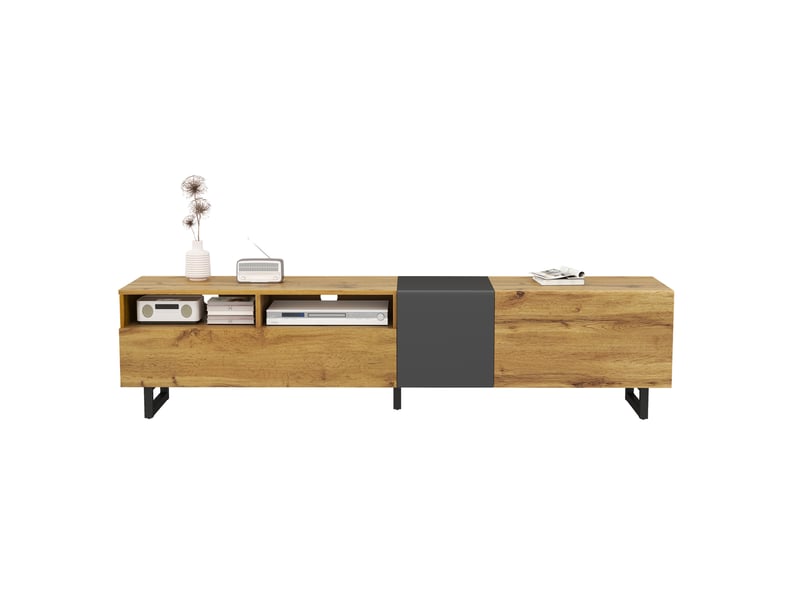  Meuble tv 170 cm avec 3 portes et 2 niches ouvertes, pieds en métal, décor bois et gris foncé  - Conforama A