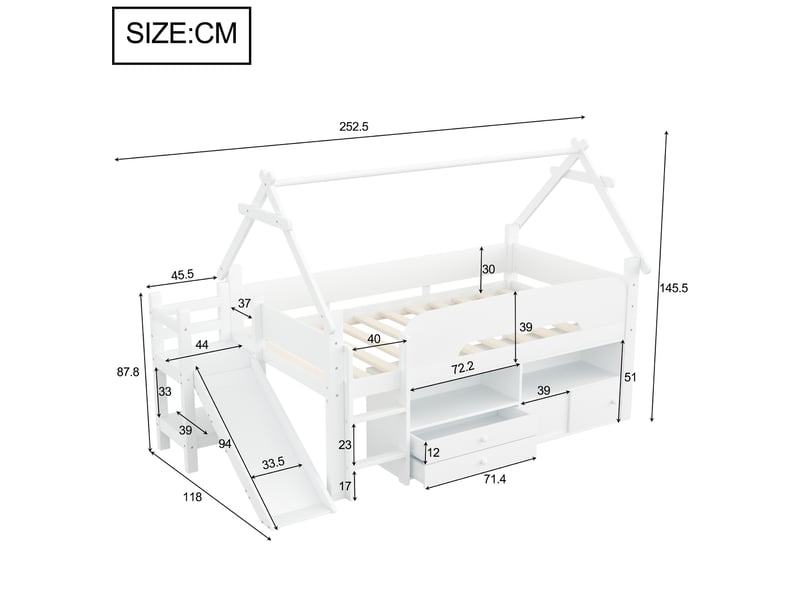 Lit surélevé 90x200 cm, avec toboggan et rangements, en bois, blanc et gris, sans matelas - Conforama D