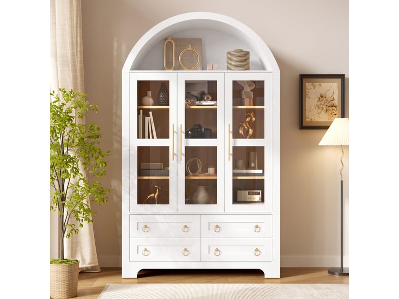 Buffet haut 110x40x185 cm avec 3 portes vitrées, 4 tiroirs et niche ouverte arrondie, meuble rangement salon mdf - blanc - Conforama D