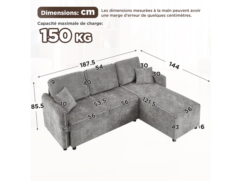  Canapé d'angle 3 places modenvie avec méridienne droite 144 cm, revêtement chenille gris, mousse haute densité et 2 coussins  - Conforama C