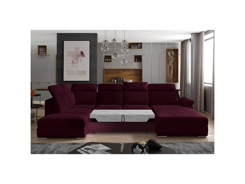  Canapé panoramique convertible majesta 5 places rose foncé – angle droit avec coffre – version 2  - Conforama D