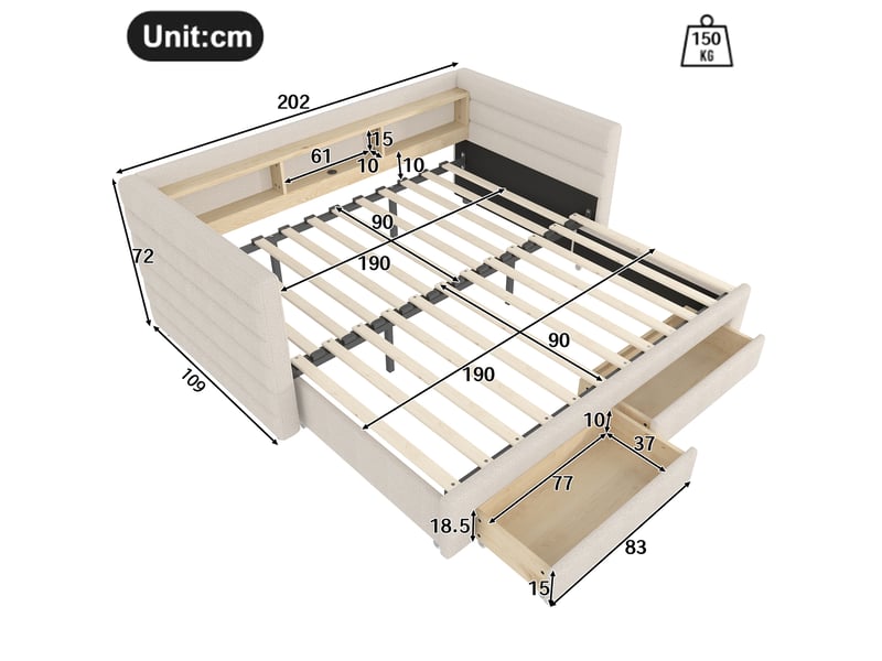  Lit simple 90x190 cm convertible avec éclairage led, en velours beige  - Conforama E