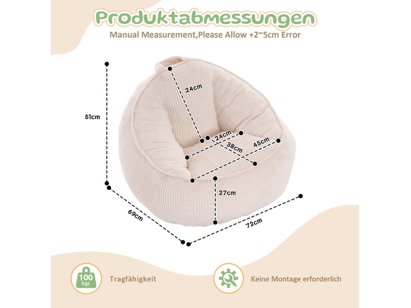  Fauteuil pouf enfant avec forme ergonomique et assise moelleuse, en velours côtelé beige 69 × 72 × 51 cm  - Conforama E